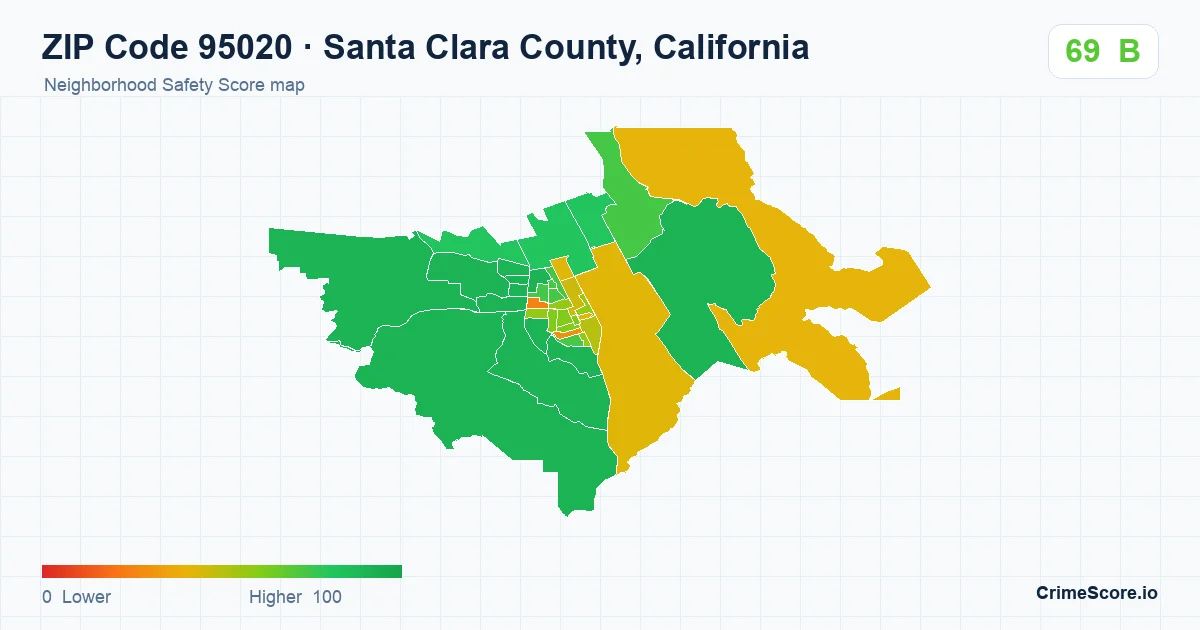 ZIP Code 95020 in Santa Clara County, California neighborhood Safety Score map