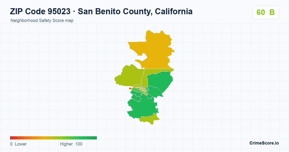 ZIP Code 95023 in San Benito County, California neighborhood Safety Score map