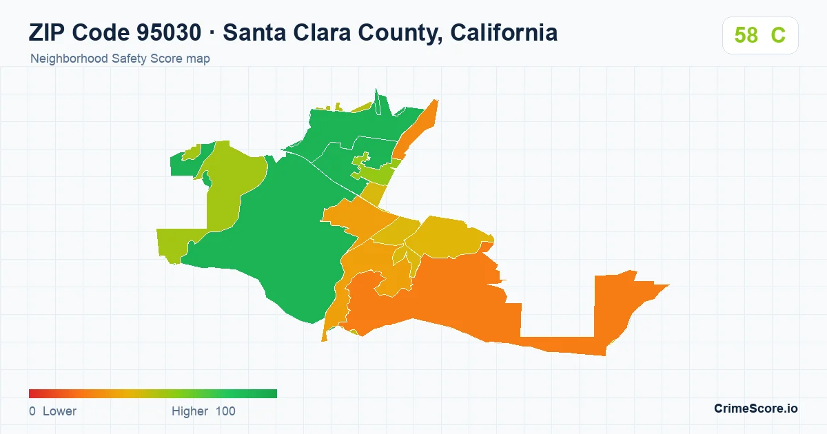 ZIP Code 95030 in Santa Clara County, California neighborhood Safety Score map