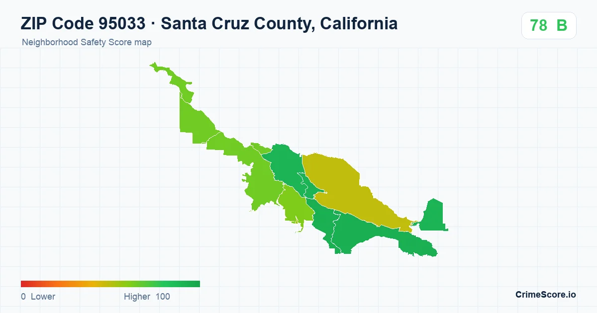 ZIP Code 95033 in Santa Cruz County, California neighborhood Safety Score map