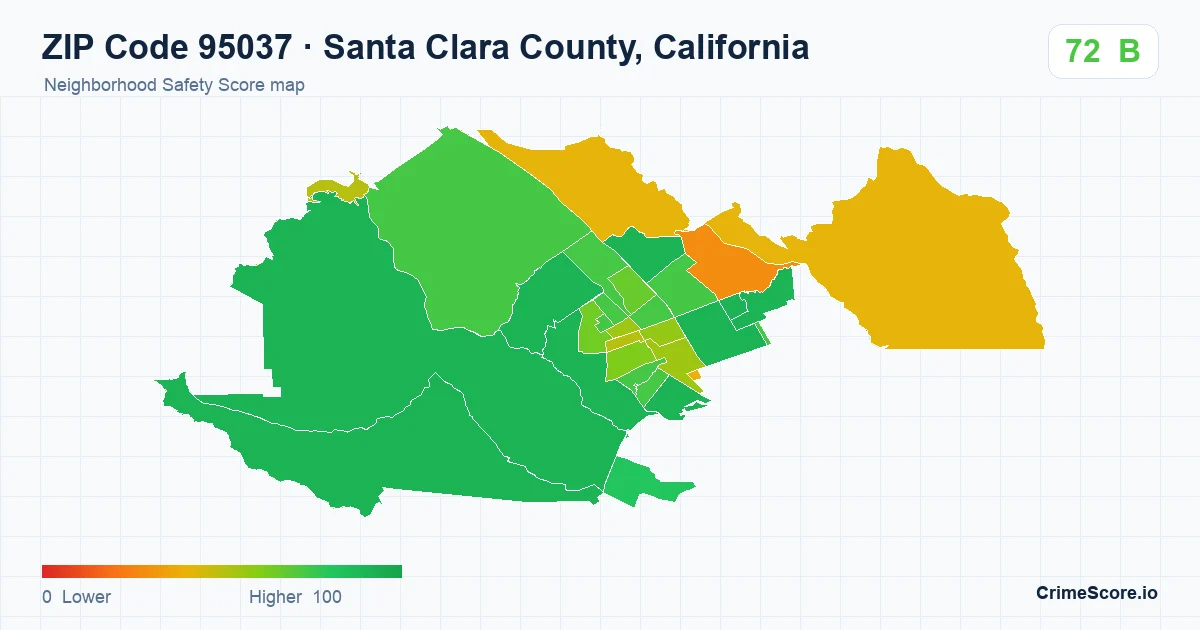ZIP Code 95037 in Santa Clara County, California neighborhood Safety Score map