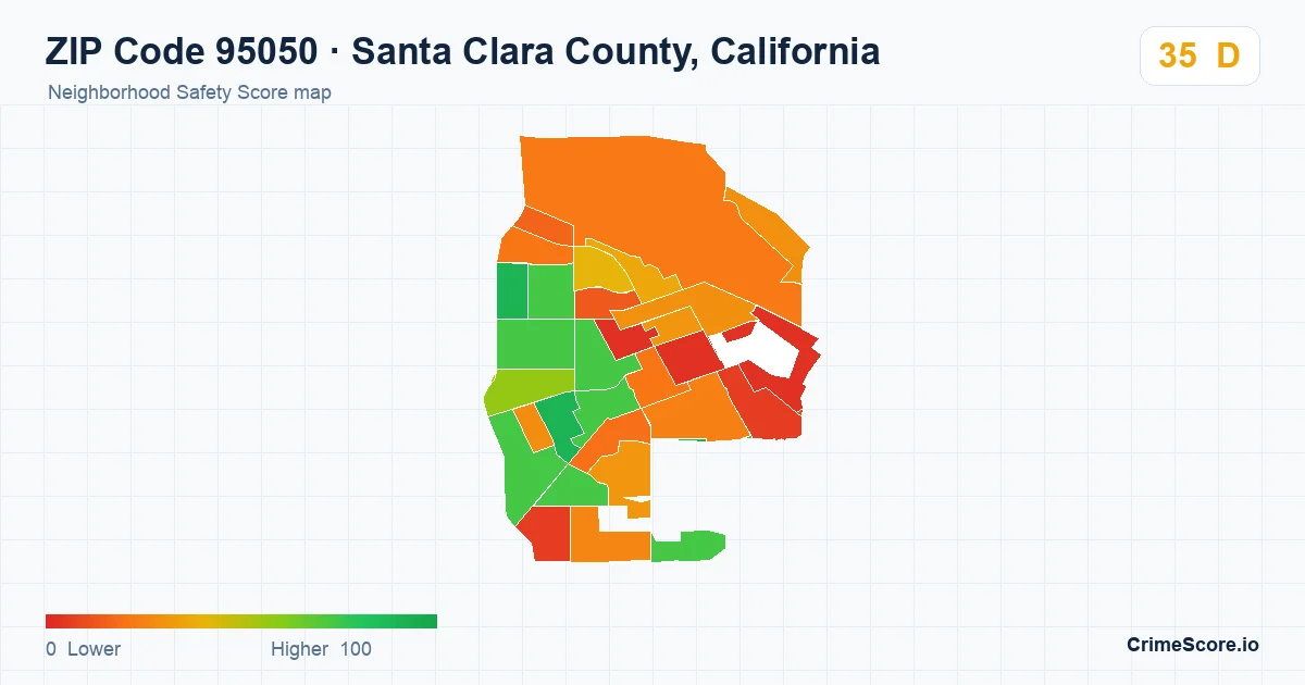 ZIP Code 95050 in Santa Clara County, California neighborhood Safety Score map