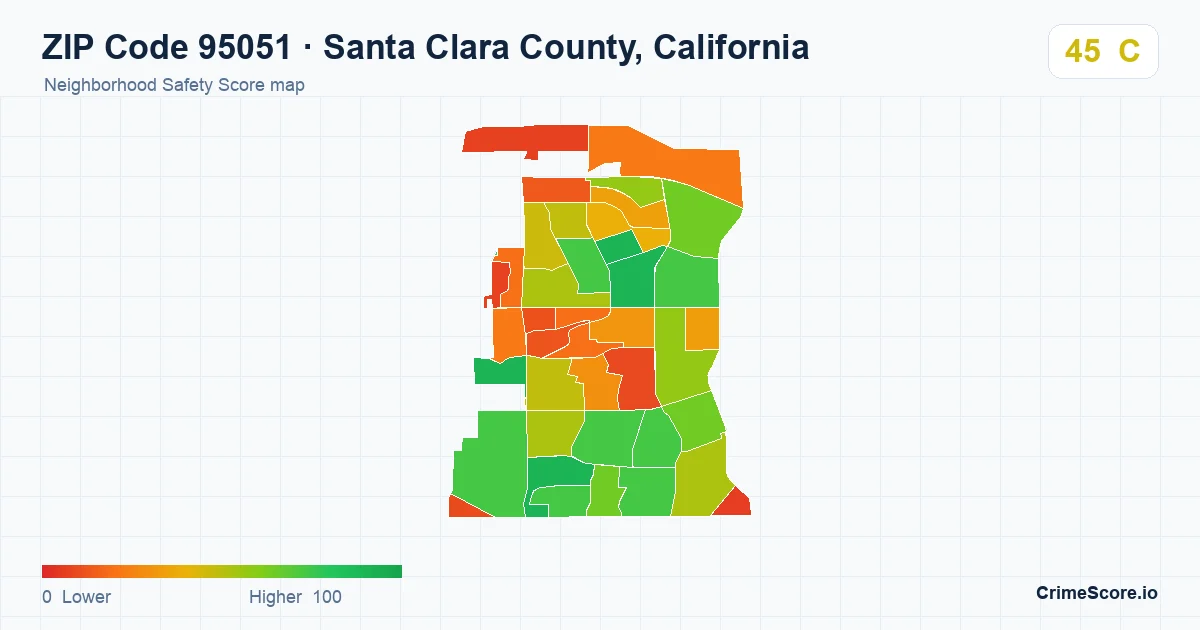 ZIP Code 95051 in Santa Clara County, California neighborhood Safety Score map