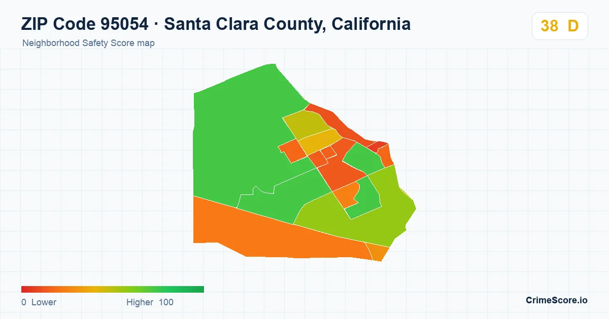 ZIP Code 95054 in Santa Clara County, California neighborhood Safety Score map