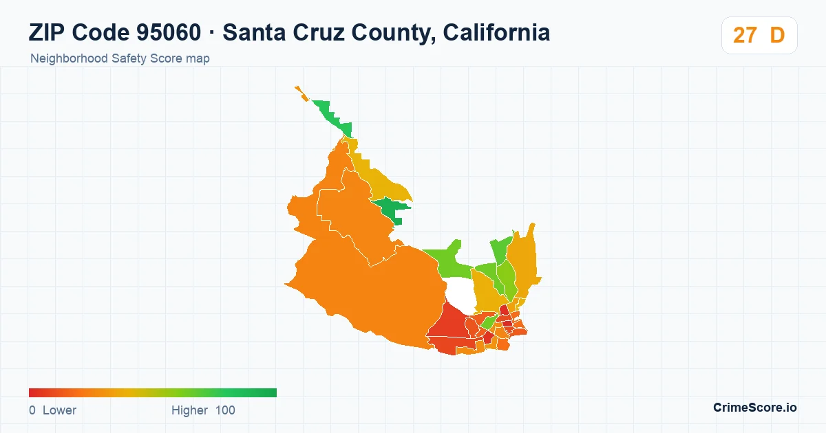 ZIP Code 95060 in Santa Cruz County, California neighborhood Safety Score map