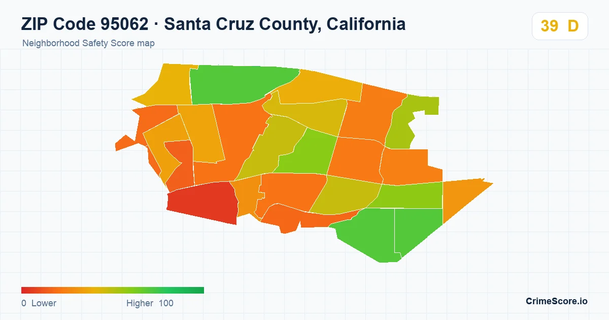 ZIP Code 95062 in Santa Cruz County, California neighborhood Safety Score map