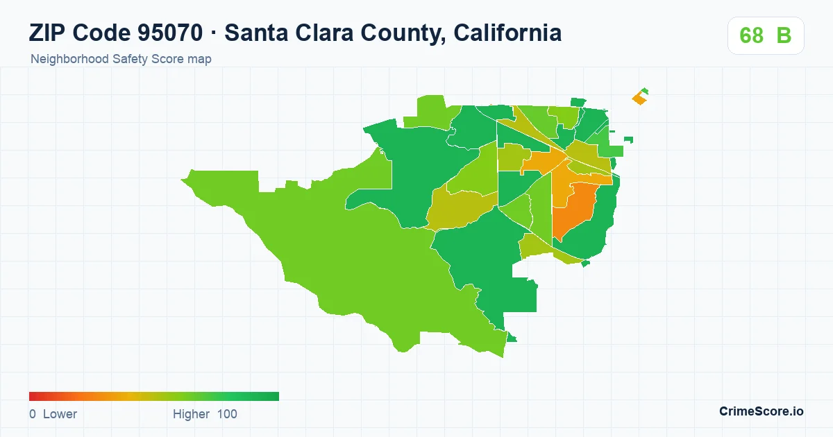 ZIP Code 95070 in Santa Clara County, California neighborhood Safety Score map