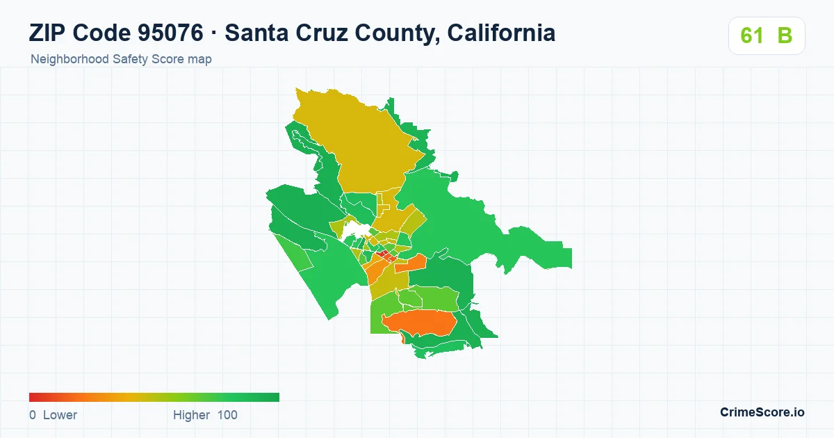 ZIP Code 95076 in Santa Cruz County, California neighborhood Safety Score map
