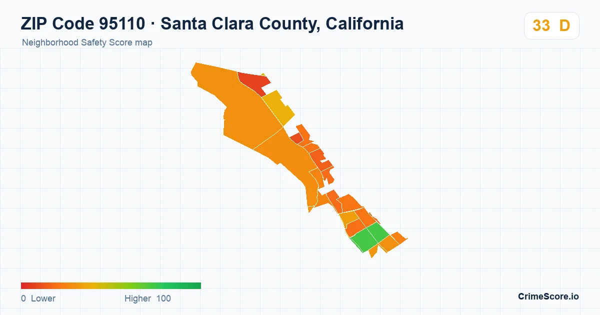 ZIP Code 95110 in Santa Clara County, California neighborhood Safety Score map