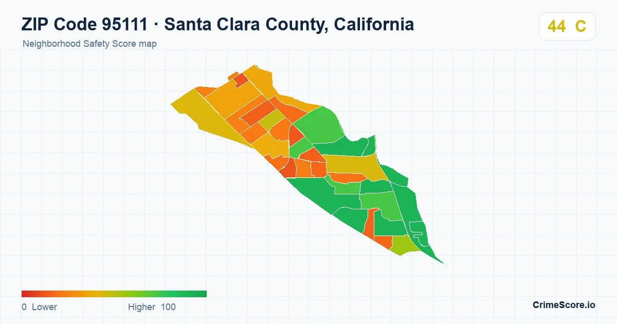 ZIP Code 95111 in Santa Clara County, California neighborhood Safety Score map