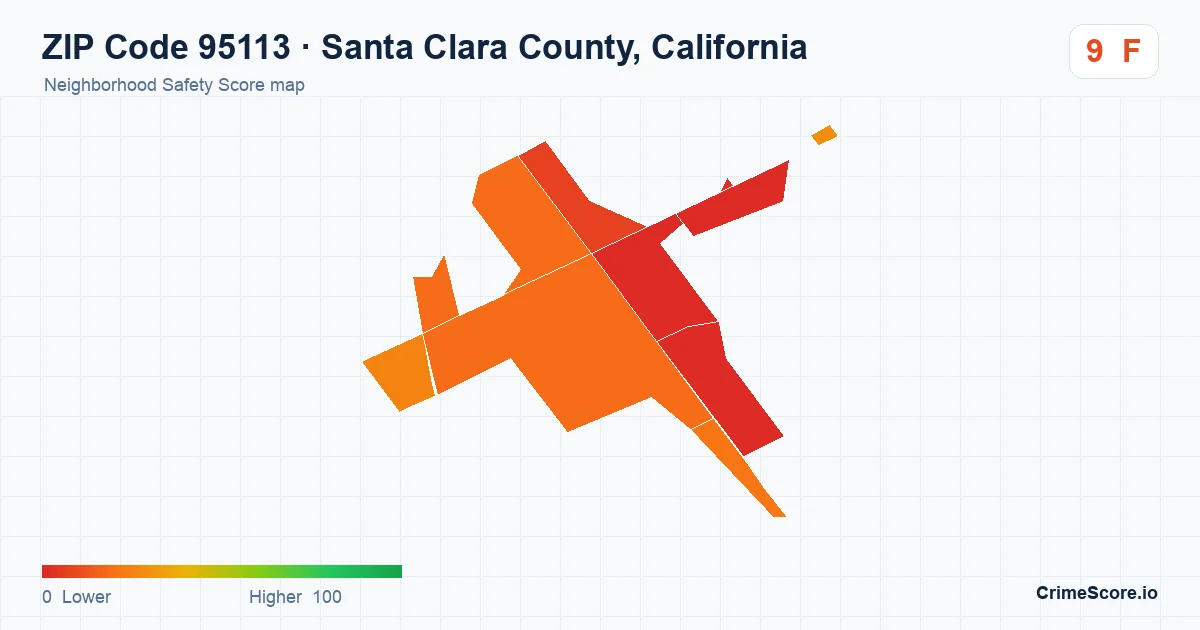 ZIP Code 95113 in Santa Clara County, California neighborhood Safety Score map