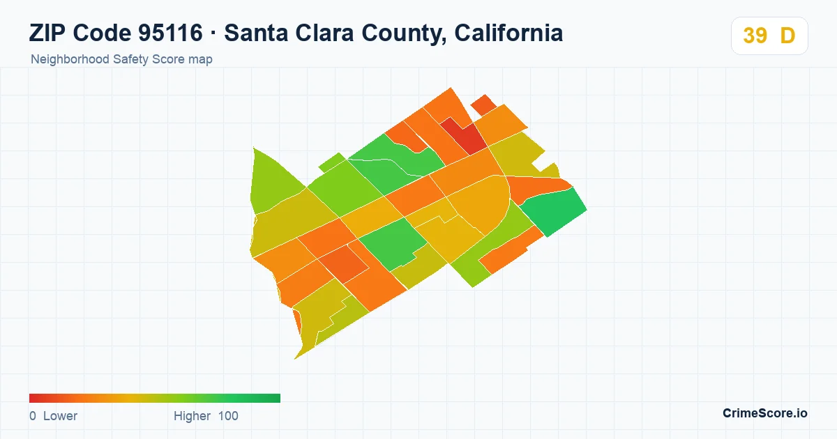 ZIP Code 95116 in Santa Clara County, California neighborhood Safety Score map
