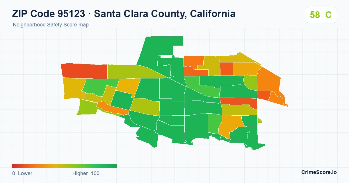ZIP Code 95123 in Santa Clara County, California neighborhood Safety Score map