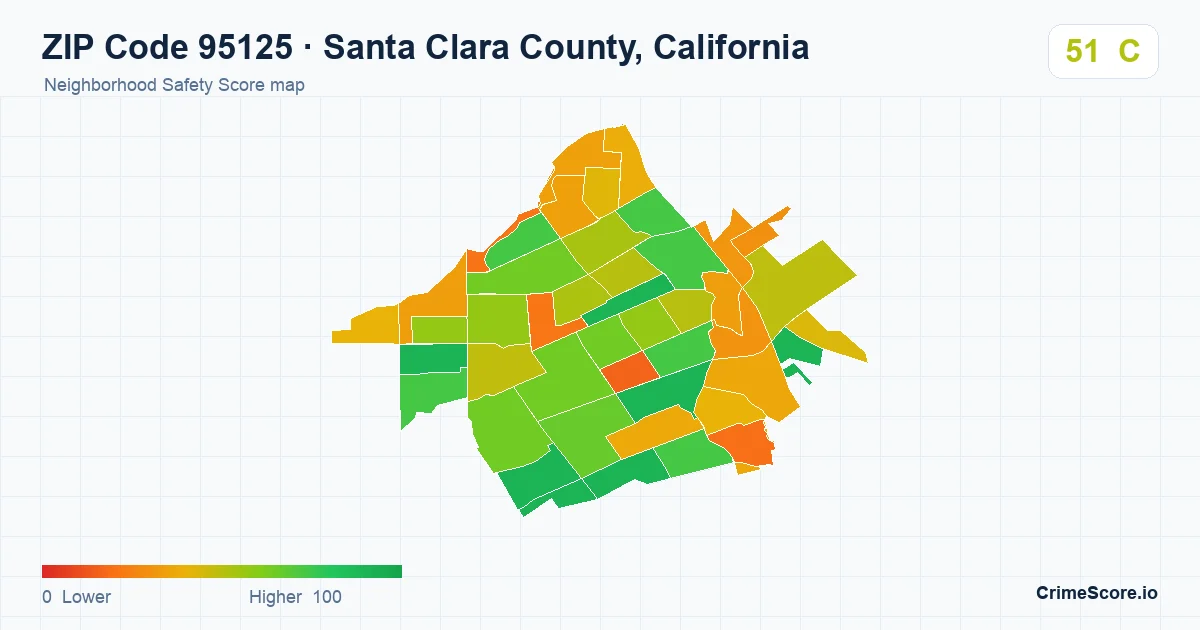 ZIP Code 95125 in Santa Clara County, California neighborhood Safety Score map