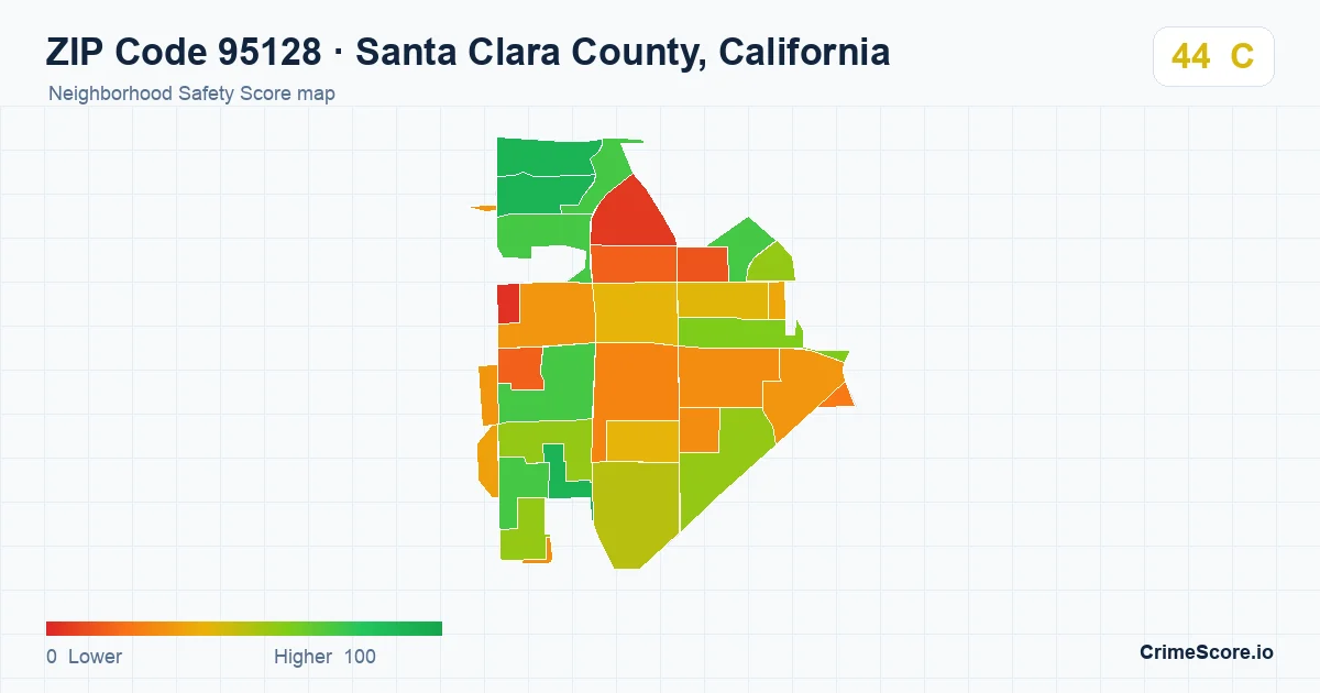 ZIP Code 95128 in Santa Clara County, California neighborhood Safety Score map