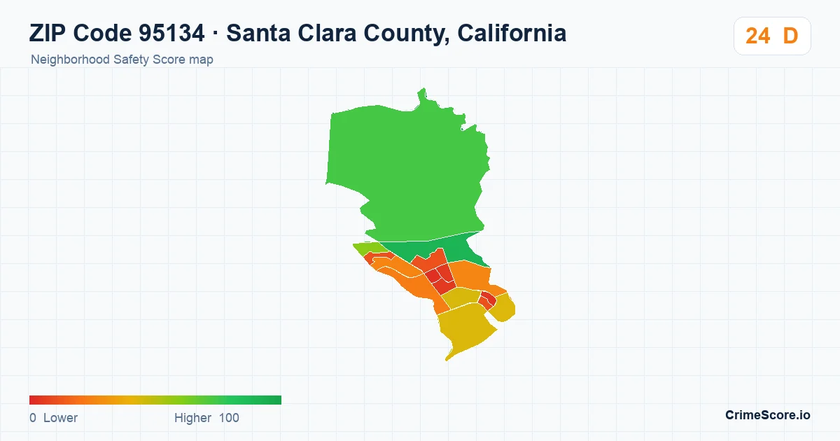 ZIP Code 95134 in Santa Clara County, California neighborhood Safety Score map