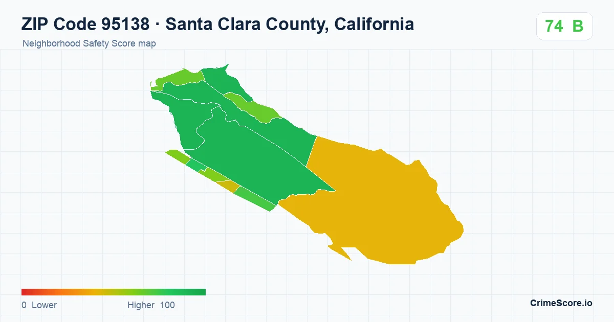 ZIP Code 95138 in Santa Clara County, California neighborhood Safety Score map