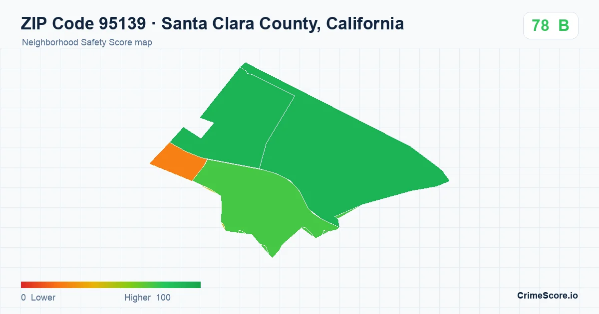 ZIP Code 95139 in Santa Clara County, California neighborhood Safety Score map