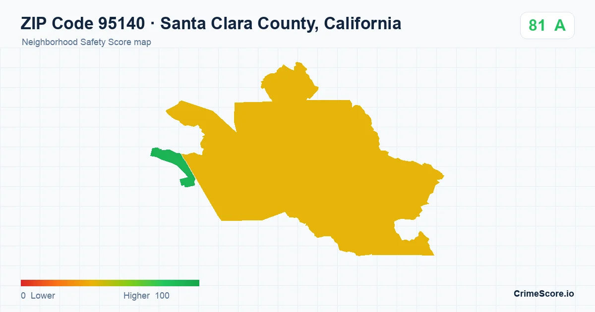 ZIP Code 95140 in Santa Clara County, California neighborhood Safety Score map