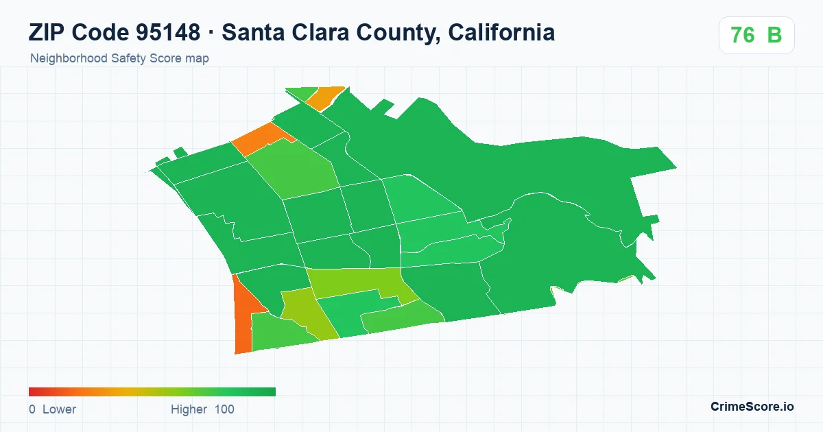 ZIP Code 95148 in Santa Clara County, California neighborhood Safety Score map