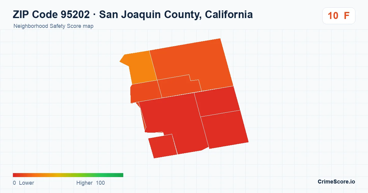 ZIP Code 95202 in San Joaquin County, California neighborhood Safety Score map