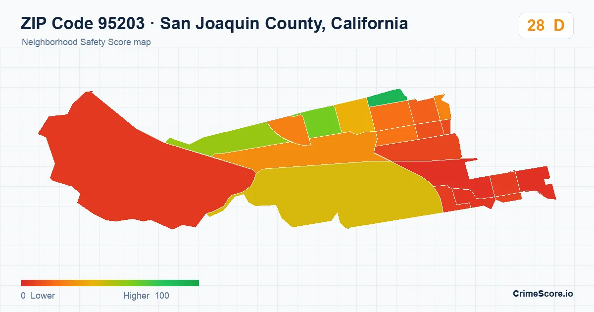 ZIP Code 95203 in San Joaquin County, California neighborhood Safety Score map