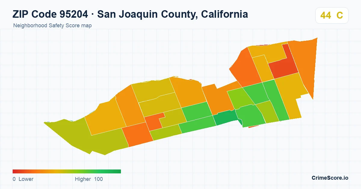 ZIP Code 95204 in San Joaquin County, California neighborhood Safety Score map