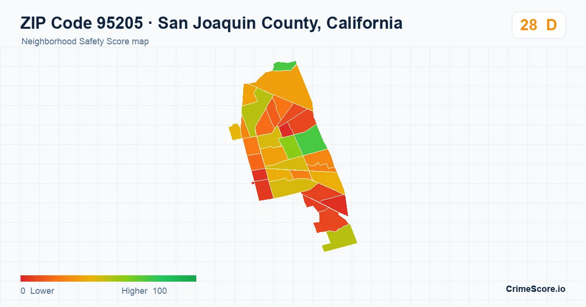 ZIP Code 95205 in San Joaquin County, California neighborhood Safety Score map