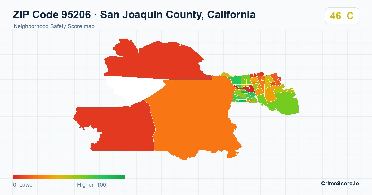 ZIP Code 95206 in San Joaquin County, California neighborhood Safety Score map