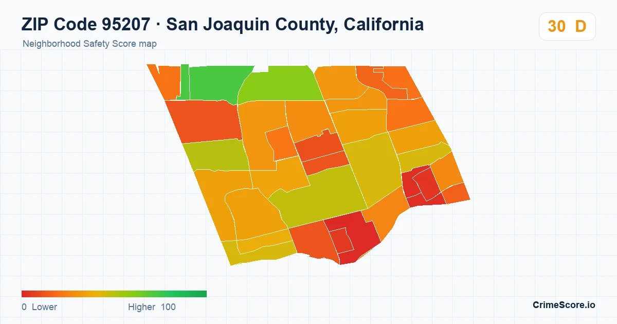 ZIP Code 95207 in San Joaquin County, California neighborhood Safety Score map