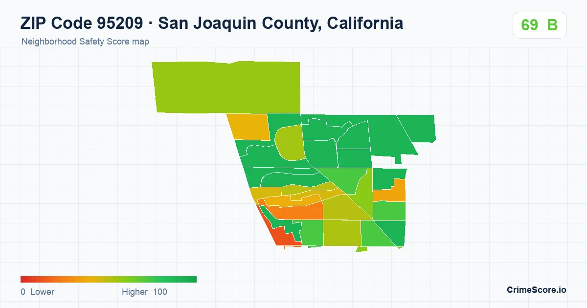 ZIP Code 95209 in San Joaquin County, California neighborhood Safety Score map