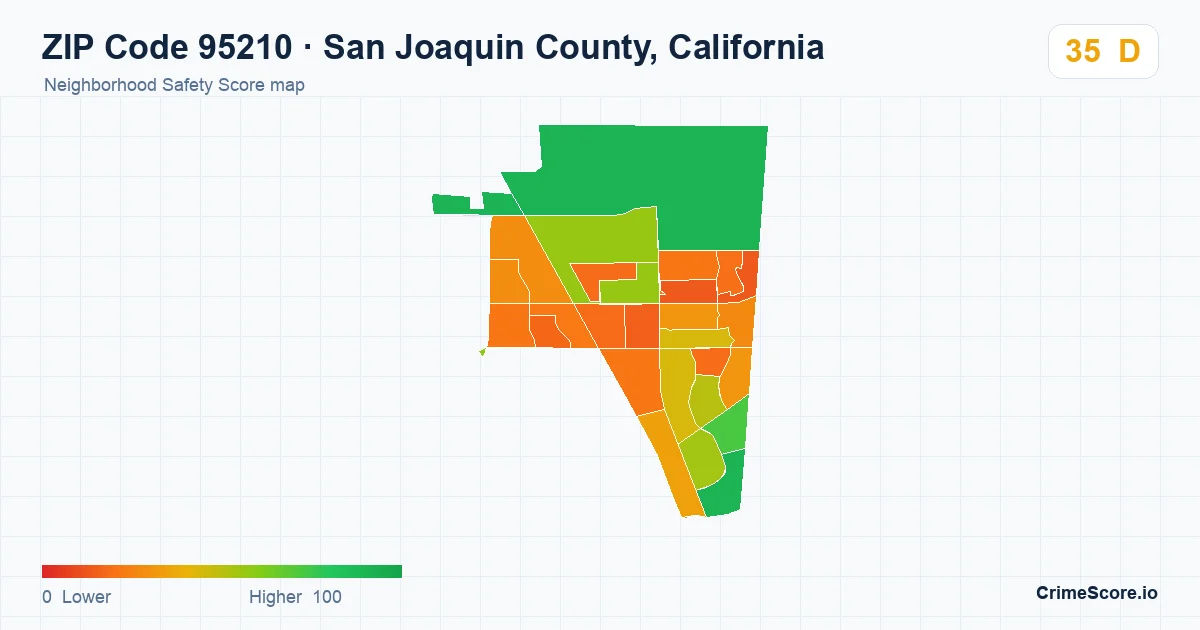ZIP Code 95210 in San Joaquin County, California neighborhood Safety Score map