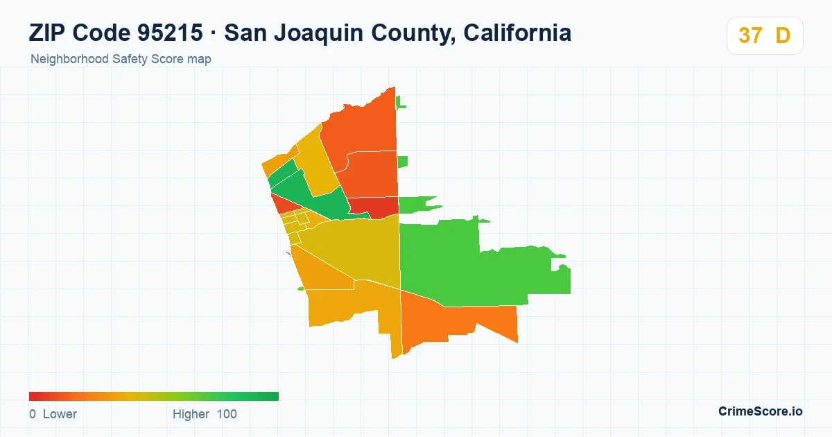 ZIP Code 95215 in San Joaquin County, California neighborhood Safety Score map