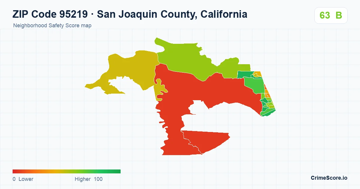 ZIP Code 95219 in San Joaquin County, California neighborhood Safety Score map