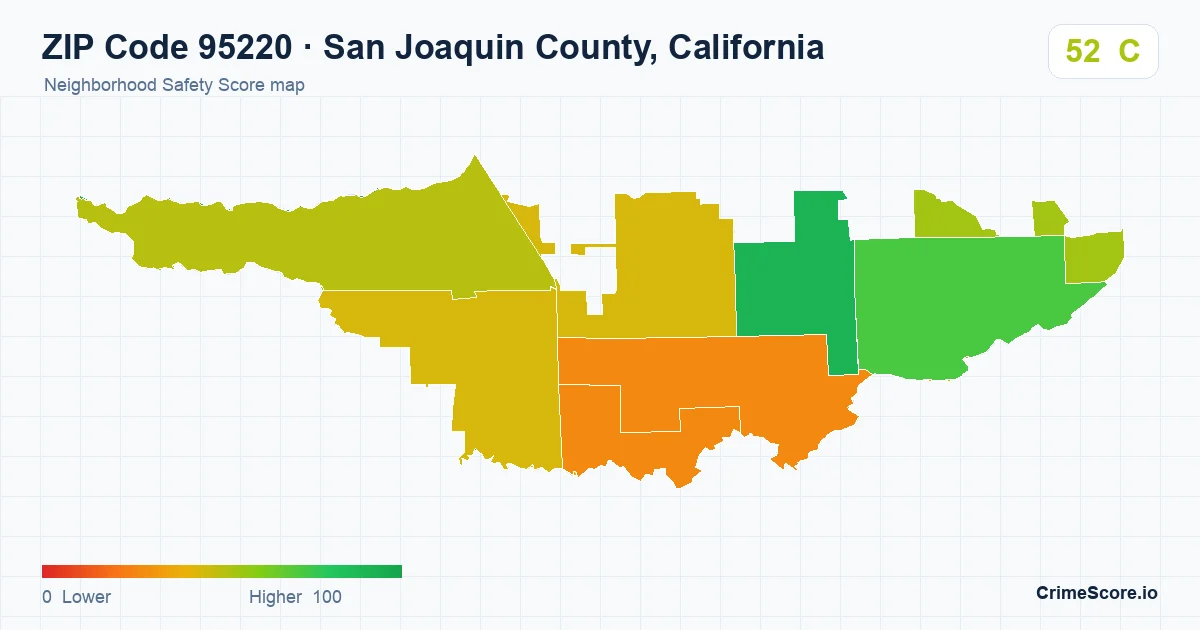 ZIP Code 95220 in San Joaquin County, California neighborhood Safety Score map