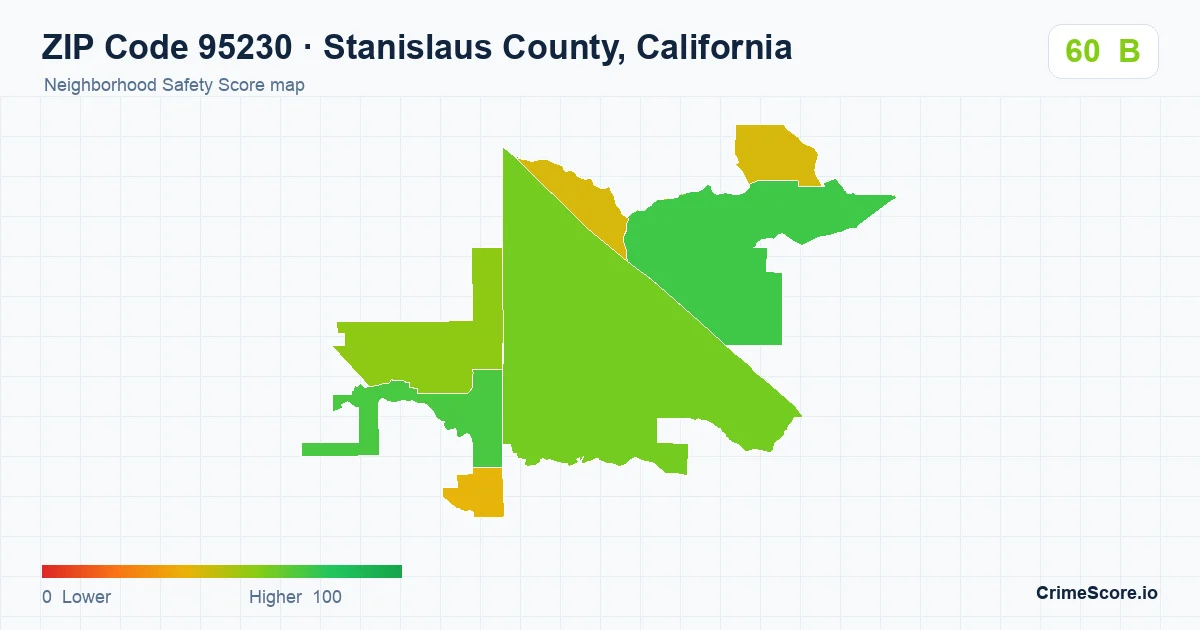 ZIP Code 95230 in Stanislaus County, California neighborhood Safety Score map
