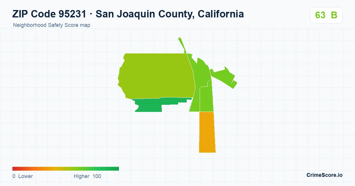 ZIP Code 95231 in San Joaquin County, California neighborhood Safety Score map