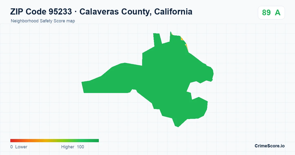 ZIP Code 95233 in Calaveras County, California neighborhood Safety Score map
