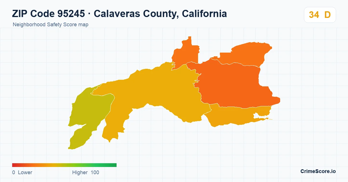 ZIP Code 95245 in Calaveras County, California neighborhood Safety Score map