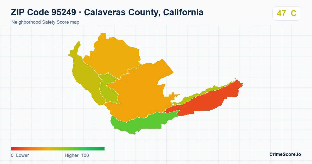 ZIP Code 95249 in Calaveras County, California neighborhood Safety Score map