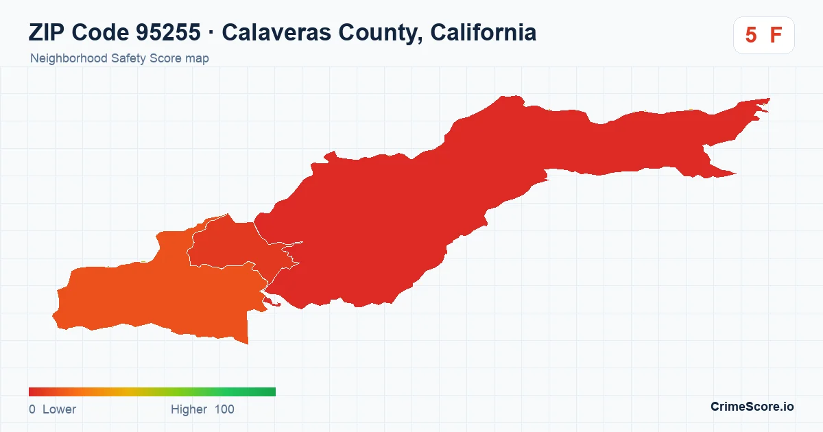 ZIP Code 95255 in Calaveras County, California neighborhood Safety Score map