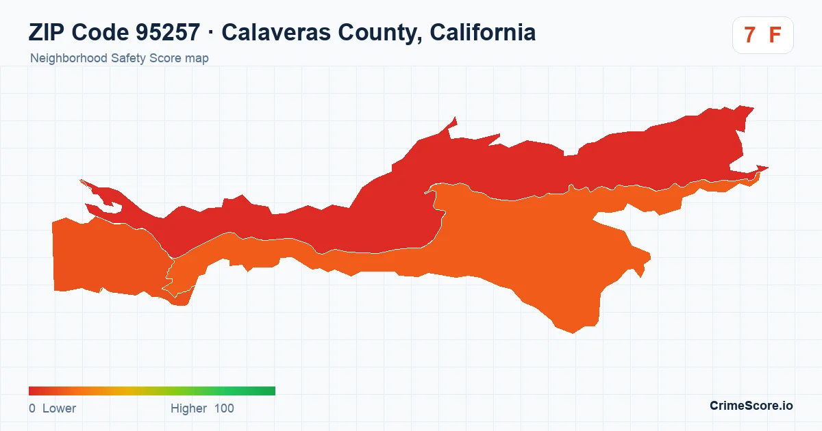 ZIP Code 95257 in Calaveras County, California neighborhood Safety Score map