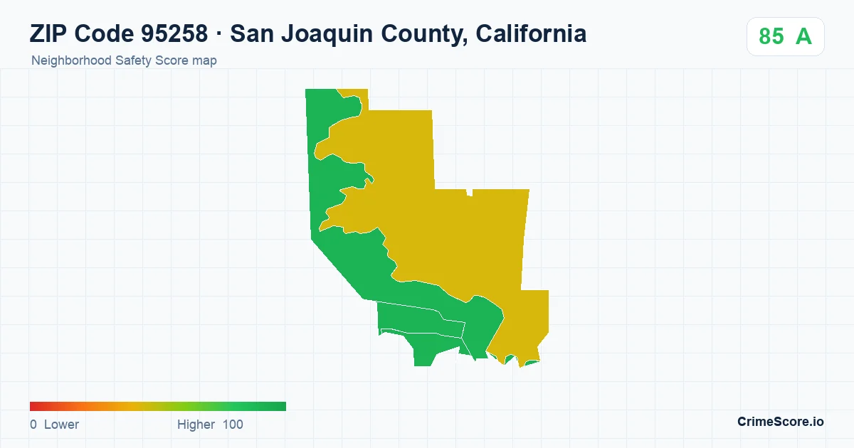 ZIP Code 95258 in San Joaquin County, California neighborhood Safety Score map