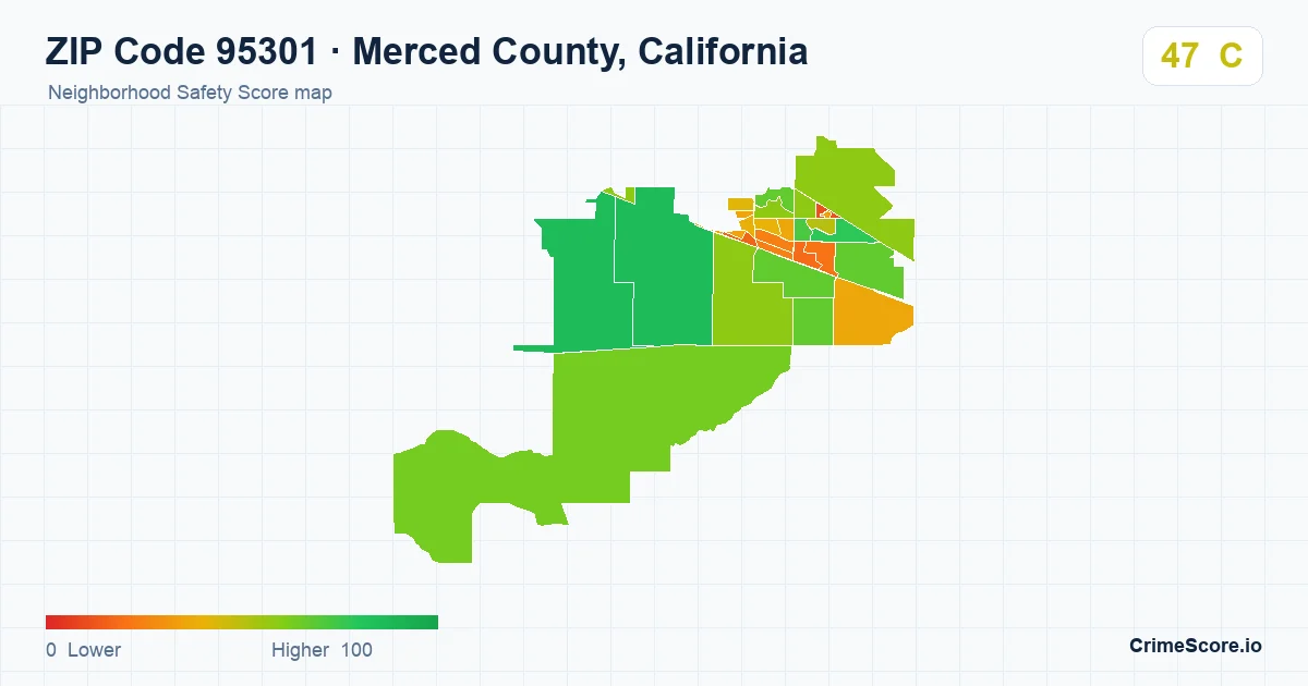 ZIP Code 95301 in Merced County, California neighborhood Safety Score map