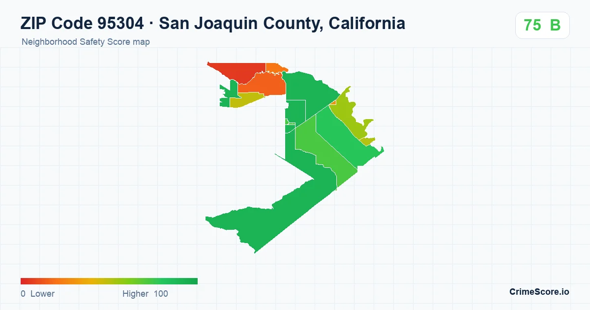 ZIP Code 95304 in San Joaquin County, California neighborhood Safety Score map