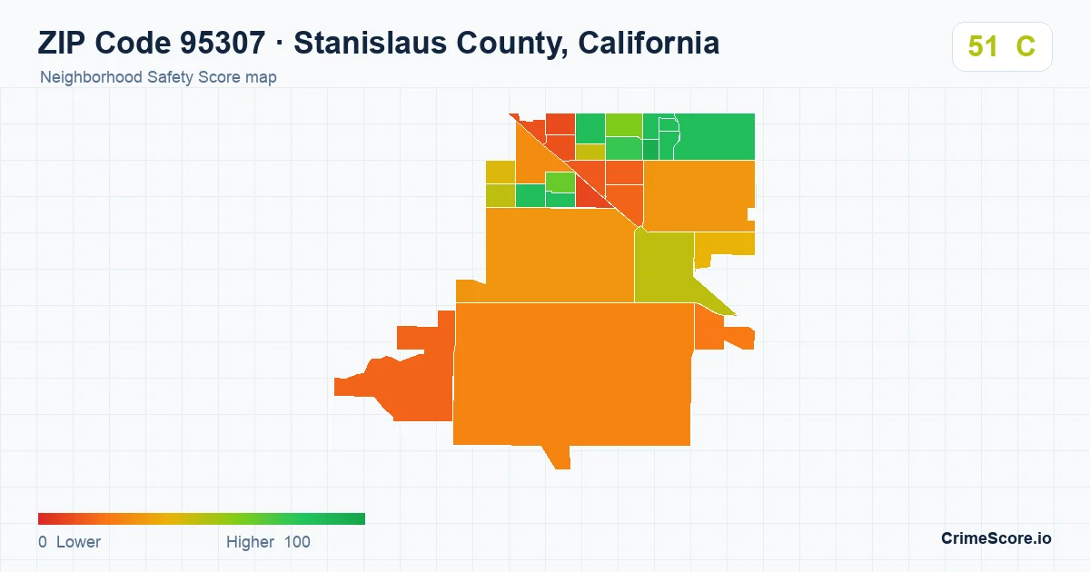 ZIP Code 95307 in Stanislaus County, California neighborhood Safety Score map