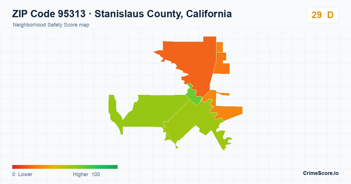 ZIP Code 95313 in Stanislaus County, California neighborhood Safety Score map
