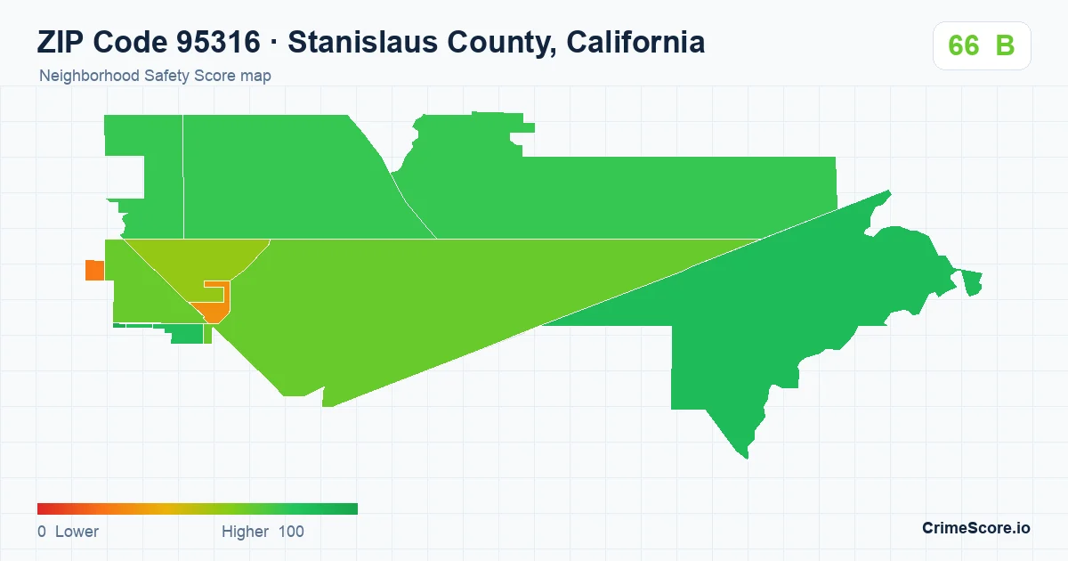 ZIP Code 95316 in Stanislaus County, California neighborhood Safety Score map