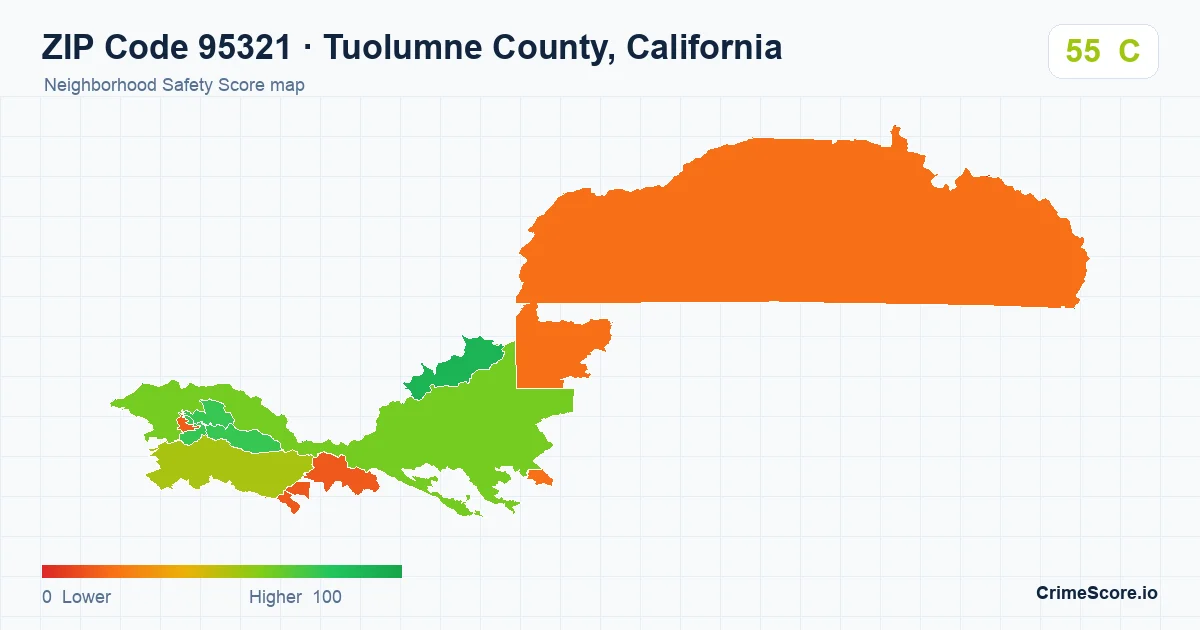 ZIP Code 95321 in Tuolumne County, California neighborhood Safety Score map