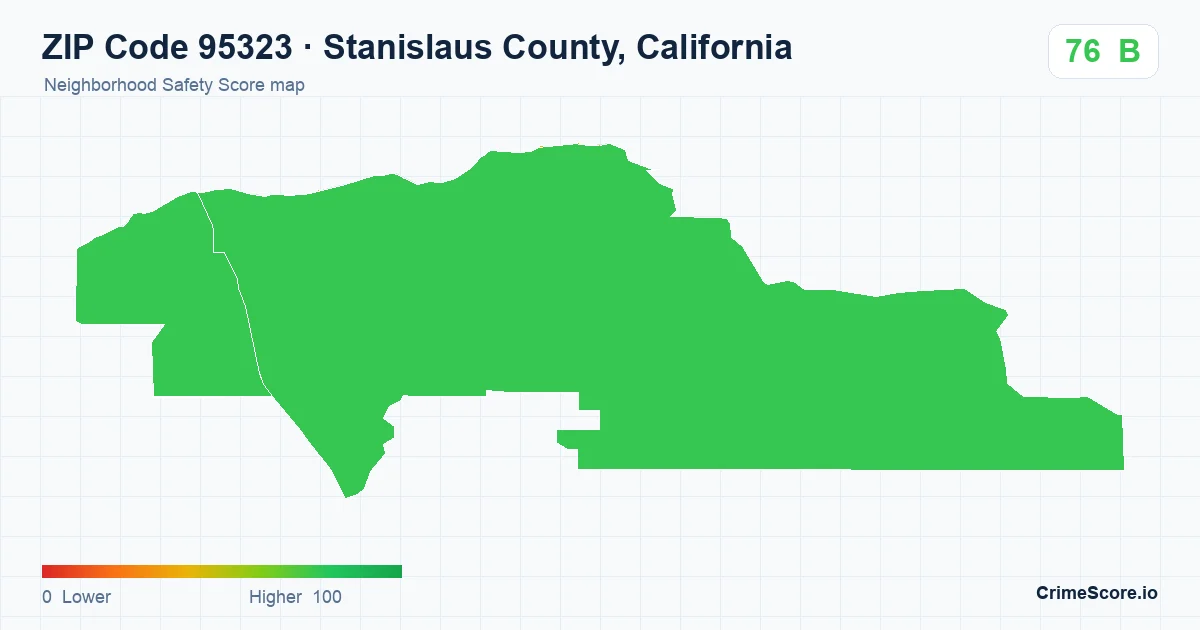 ZIP Code 95323 in Stanislaus County, California neighborhood Safety Score map